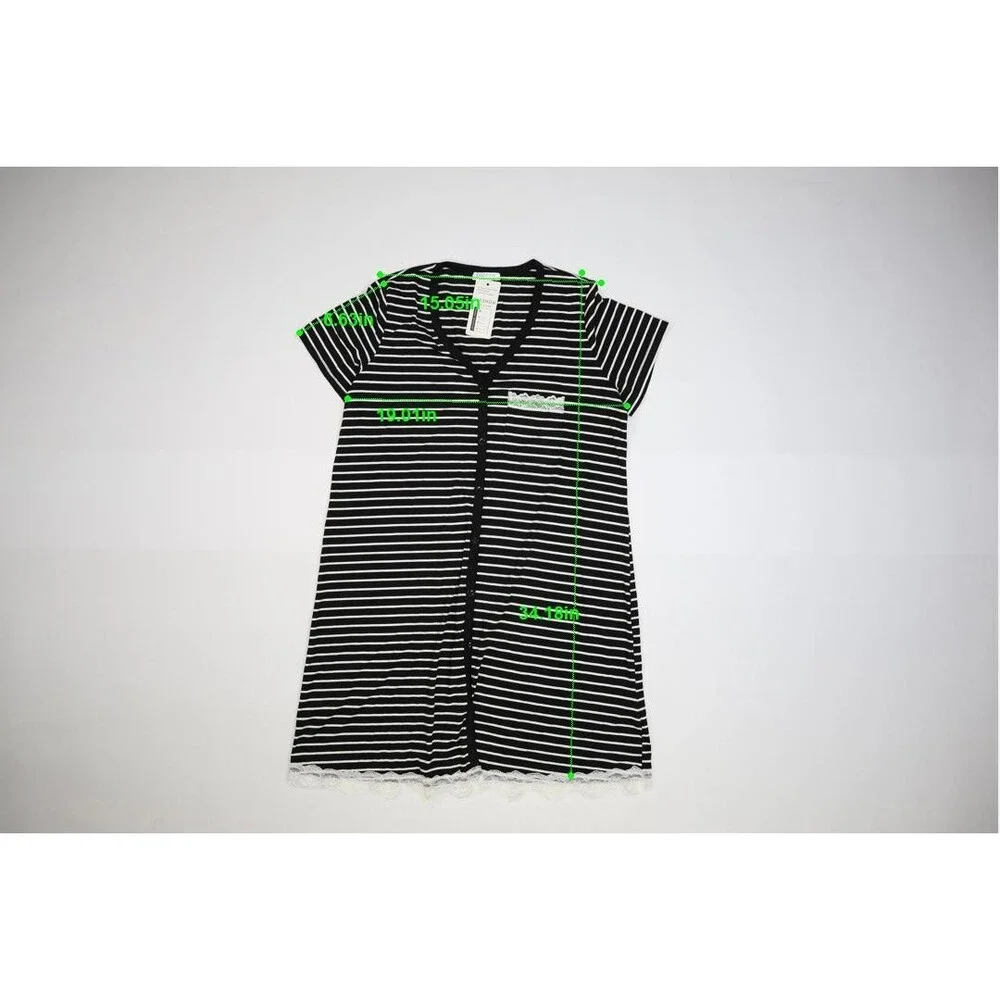 sheshow Womens Black White Striped Short Sleeve Button Up Long Pajama Shirt M - Picture 2 of 7